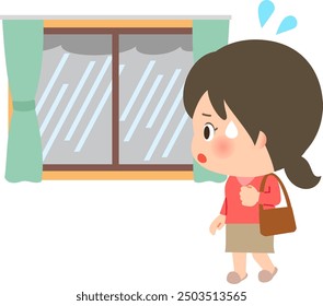 Woman before going out in trouble because of heavy rain outside