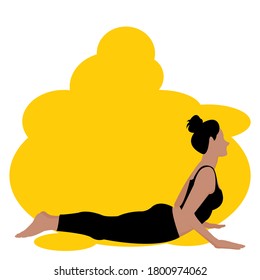 Woman beginning in Yoga with Cobra Pose.  Lady with hair tie home workout body positive. Cartoon Vector isolate on Yellow background. Idea concept for healthy ,Zen, Logo,Fitness healthy lifestyle
