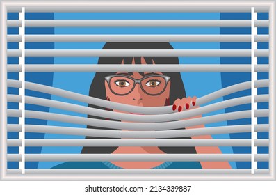 Woman behind blinds, curtain, window. Vector illustration.