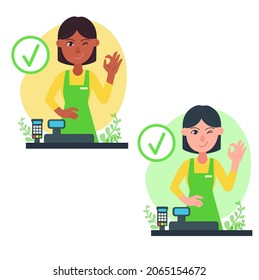 Woman behind the counter of the store, women salesmen in uniforms shows The OK or ring gesture. Migrant-friendly jobs and company. Grocery store and customer service behind checkout concept