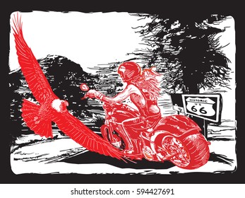 An woman from behind riding motorcycle, chopper bike on the route 66. Freehand drawing, vector sketch. 