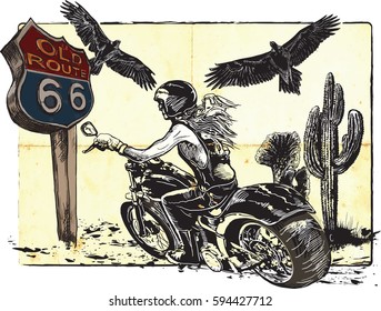 An woman from behind riding motorcycle, chopper bike on the route 66. Freehand drawing, vector sketch. 