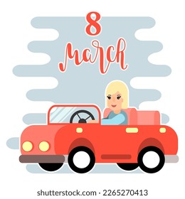 The woman behind the wheel . Red car, Flat design.