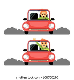 The woman behind the wheel. Red car. Cartoon. Flat design. Stock vector.