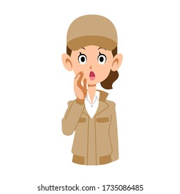 Woman in beige work clothes calling