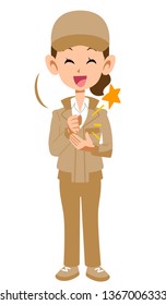 Woman in beige work clothes to convince