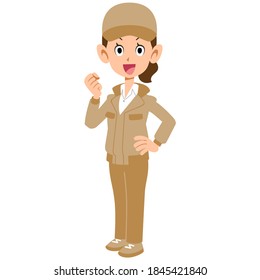 A woman in beige work clothes who guts pose sideways
