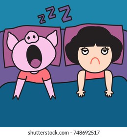 Woman Being Angry On Snore Pig Face Boy Friend Concept Card Character illustration