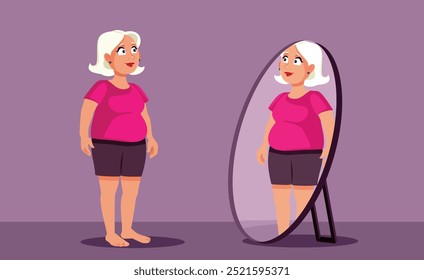 
Woman Being Body Positive Looking in the Mirror Vector Cartoon. Happy self-accepting person checking her figure being happy
