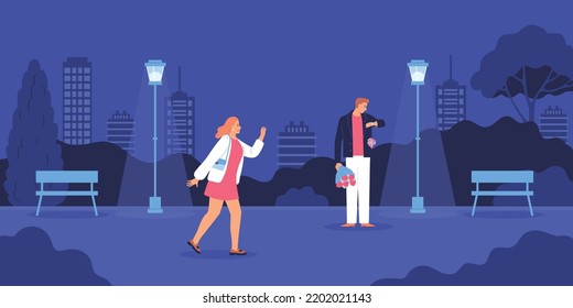 Woman being late for date in night park and angry man waiting for her with bunch of flowers looking at watch flat vector illustration