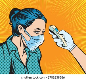 Woman being monitored for body temperature. Pop art hand drawn style vector design illustrations.


