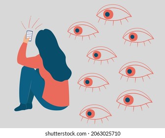 woman being observed from behind. Spywares softwares on mobiles. Spy applications through the smartphones. Big eyes peek at a screen phone of a girl. Spying on private life, social media and internet.