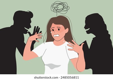 woman being the target of gossip, anxiety crisis and fear of people, vector illustration.