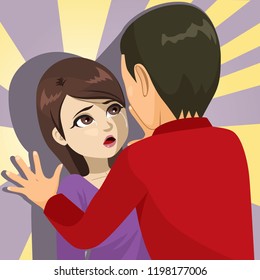 Woman being victim of cruel abuse from man yelling holding her against wall