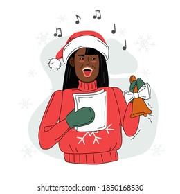 Eine Frau mit einer Glocke singt Weihnachtslieder. Vektorgrafik. Einziger Hintergrund.