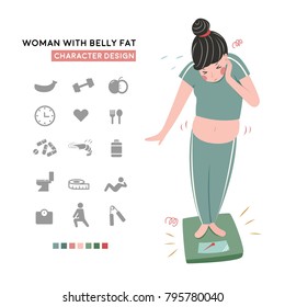 woman with belly fat character design with icon set