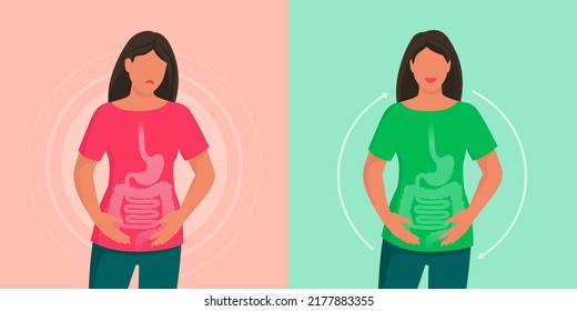 Mujer con dolor de estómago y cicatrización intestinal, cómo mejorar su digestión y mantener las intestinas sanas