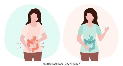 Woman with belly pain and gut healing, how to improve your digestion and maintain healthy guts. Digestive internal organ.Vector illustration. Internal organs design element.