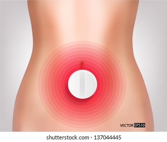 Woman belly with pill and red point. Vector illustration.