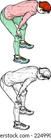 Woman bend over with hands on knee due to exhaustation, isolated against white. Hand drawn vector illustration.