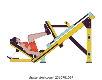 Woman bending knees on leg press machine flat line color vector character. Editable outline full body person on white. Quadriceps exercise simple cartoon spot illustration for web graphic design