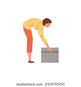 The woman bent down to pick up the heavy box. Back arched incorrectly, wrong posture. Good health concept. Vector illustration isolated on white background