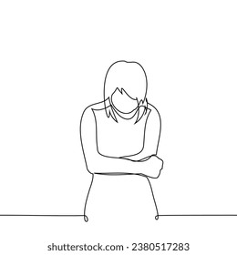 woman bent over with head down hugging herself - one line art vector. concept of self-comfort, stomach pain, covering from the cold