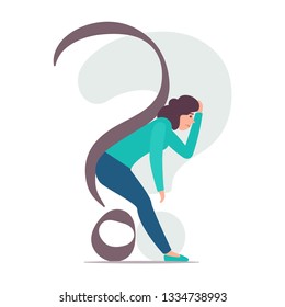 Woman Is Bent Under The Question Mark. Woman Is Dejected By Problems And Doubts. Vector Concept Illustration