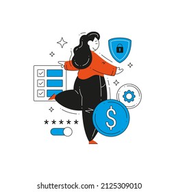 Woman best employee successful complete tasks checklist vector flat illustration. Female winner celebrating victory, development success profit marketing strategy, planning work organizing