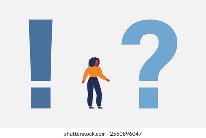 Mujer entre signo de interrogación y signo de exclamación. Metáfora de la incertidumbre, la toma de decisiones, el conflicto interno, la duda y la decisión. Luchar para pasar del interrogatorio a la acción. Ilustración vectorial