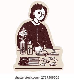 Mulher bíblia estuda cena com pilha de livros e vela de oração sentada na mesa. Motivo isolado branco preto desenhado à mão do vetor para a religião cristã. Mulheres muito fé leitura plano com espaço de cópia
