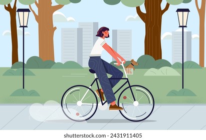 Woman at bicycle with dog. Young girl at eco frinedly transport. Care about ecology and environment. Owner with domestic animal walk in city park. Cartoon flat vector illustration