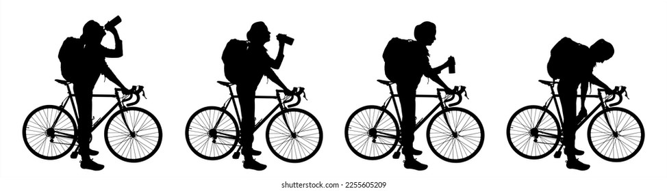 A woman with a bicycle drink from a bottle. The cyclist is thirsty. A girl with a cap on her head, a backpack on her back, with a bicycle in her hands, stopped to drink water from a bottle. Side view.