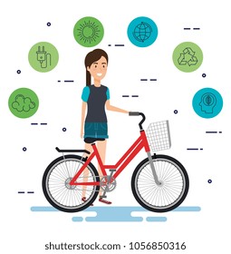 woman in bicycle with eco friendly icons