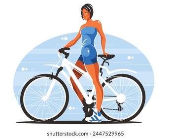 Woman with bicycle. Girl on a bike standing at the start of bike ride