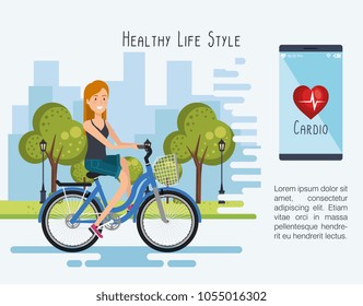 woman in bicycle with healthy lifestyle icons