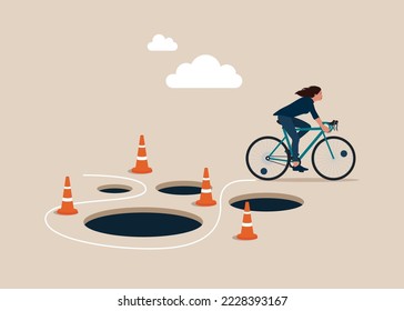 Woman with Bicycle  pass many pitfalls to achieve business success. Avoid pitfall, adversity and brave to around pass mistake or business failure, skill and creativity to solve problem concept.