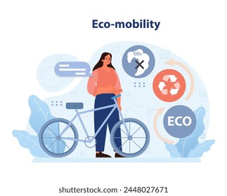 Woman with bicycle promoting eco-mobility in cities. Illustration captures carbon reduction, recycling ethos, and a sustainable urban lifestyle. Eco-conscious commuting choice. Flat vector