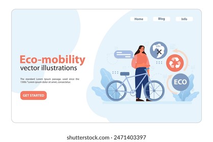 Woman with bicycle promoting eco-mobility in cities. Illustration captures carbon reduction, recycling ethos, and a sustainable urban lifestyle. Eco-conscious commuting choice. Flat vector