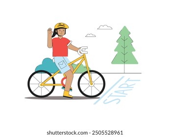 Mujer en una carrera de bicicletas con un casco, en la línea de salida. Diseño de personajes. Ilustración plana de Vector