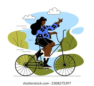 Woman at bicycle. Young girl goes in for sports and rides on environmentally friendly transport. Travel and tourism. Active lifestyle and leisure. Doodle flat vector illustration