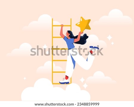 Woman with big achievements concept. Young girl with star at stair. Motivation and leadership, aspirations. Talented and successful employee or entrepreneur. Cartoon flat vector illustration