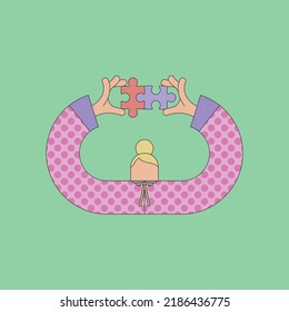 Mujer con grandes brazos ensamblando dos piezas de rompecabezas. Ilustración vectorial aislada.