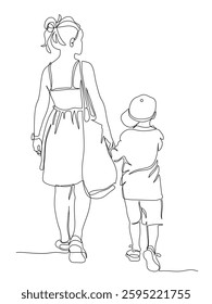 Woman with big bag and boy child walking away. Continuous line drawing. Black and white vector illustration in line art style.