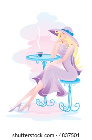 woman in a big beautiful hat sits alone at a coffee table with a cup of coffee, vector illustration, lilac, eps