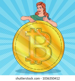 Woman with big bitcoin. Smiling woman. Gestures thumbs up. Vector illustration in pop art style.