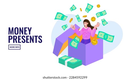 Woman in a big box with money all around. Receiving gifts and money presents. Loyalty and Referral Marketing Program. Collecting Cash Back Bonuses. Online Reward. Consumer reward. Vector Illustration.