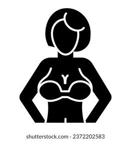 Mujer con los pechos grandes ícono sólido. Pictograma de estilo glifo de figuras femeninas sobre fondo blanco. El pecho de una mujer en un sostén para el concepto móvil y el diseño web. Gráficos vectoriales
