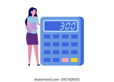 Woman with big calculator. Vector illustration.