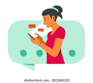 Woman is in a Big Chatting Bubble Icon and Enjoy Chatting on Mobile Phone.